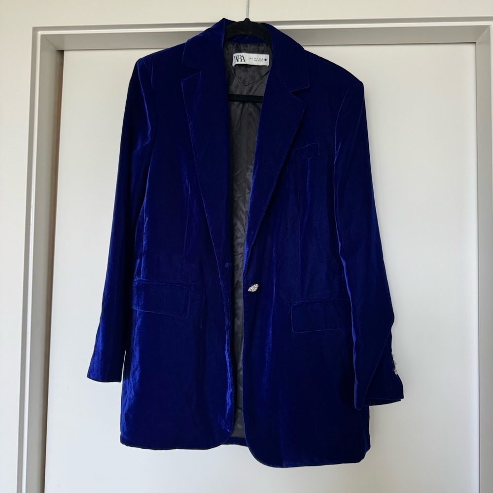 Zara Blue Velvet Blazer with Jewel Buttons